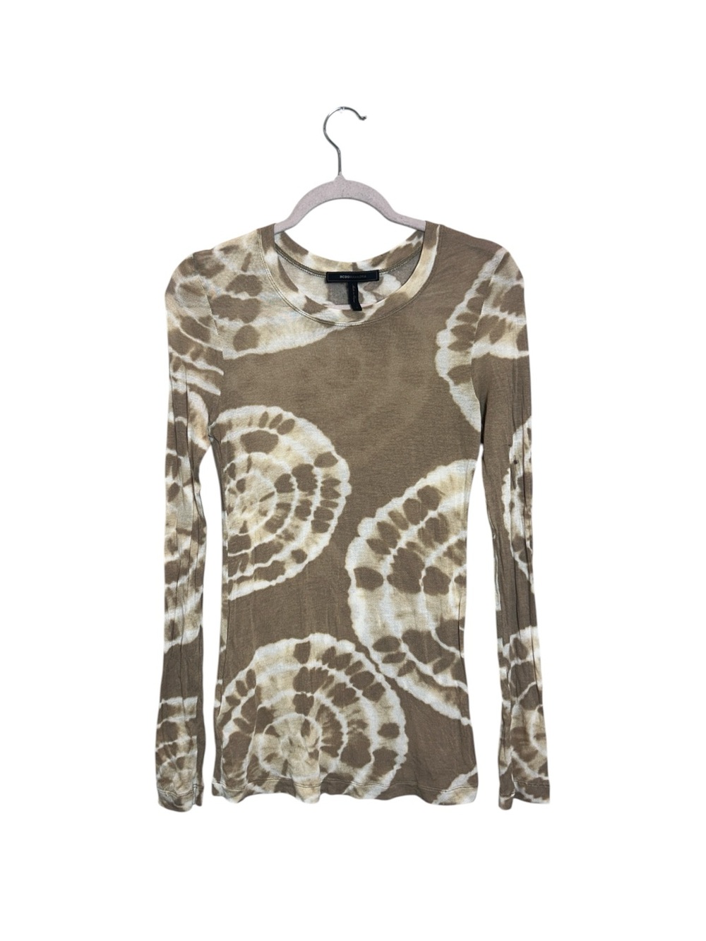BCBGMaxAzria Tan & White Tie-Dye Long Sleeve Crewneck